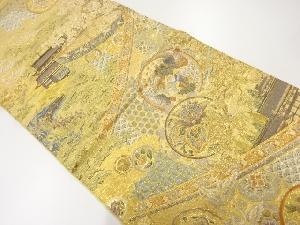 リサイクル　丸紋に花鳥・寺院風景模様織出し袋帯